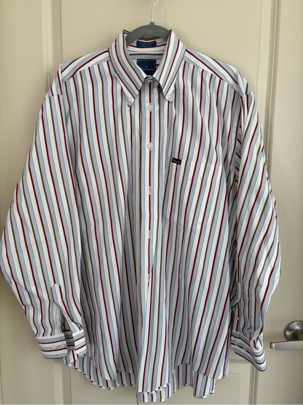 EUC Faconnable Men's Button-Down Stripe Shirt - White, Gray and Burgandy Stripes